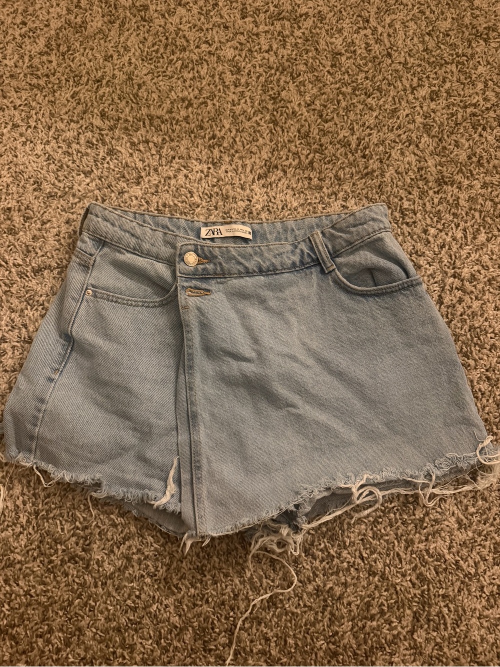 ZARA Light Blue Denim Frayed Wrap-Front Shorts